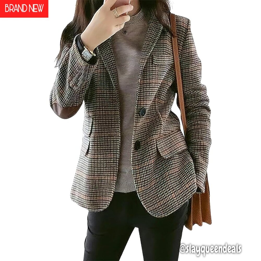 Wool Plaid Blazer Slim Fit Notched Lapel Long Sleeve Jacket
